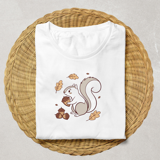 T-shirt automne avec écureuil pastel emblématique sur fond numérique chaleureux