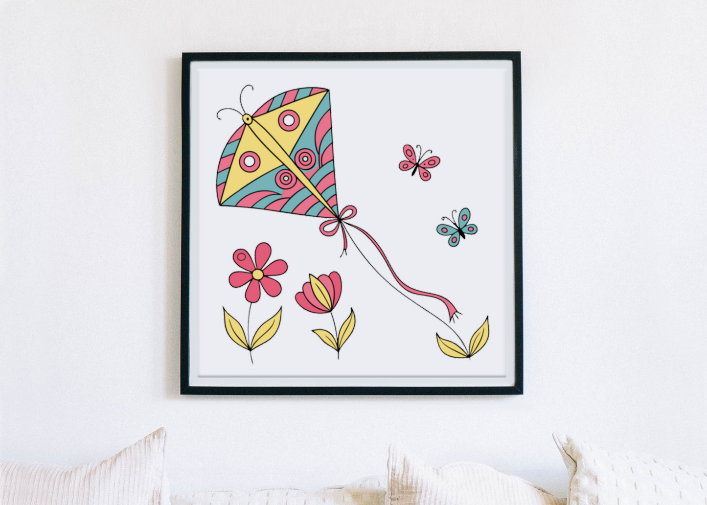 Cadre décoratif avec cerf-volant pastel et papillons évoquant un jardin en fleurs