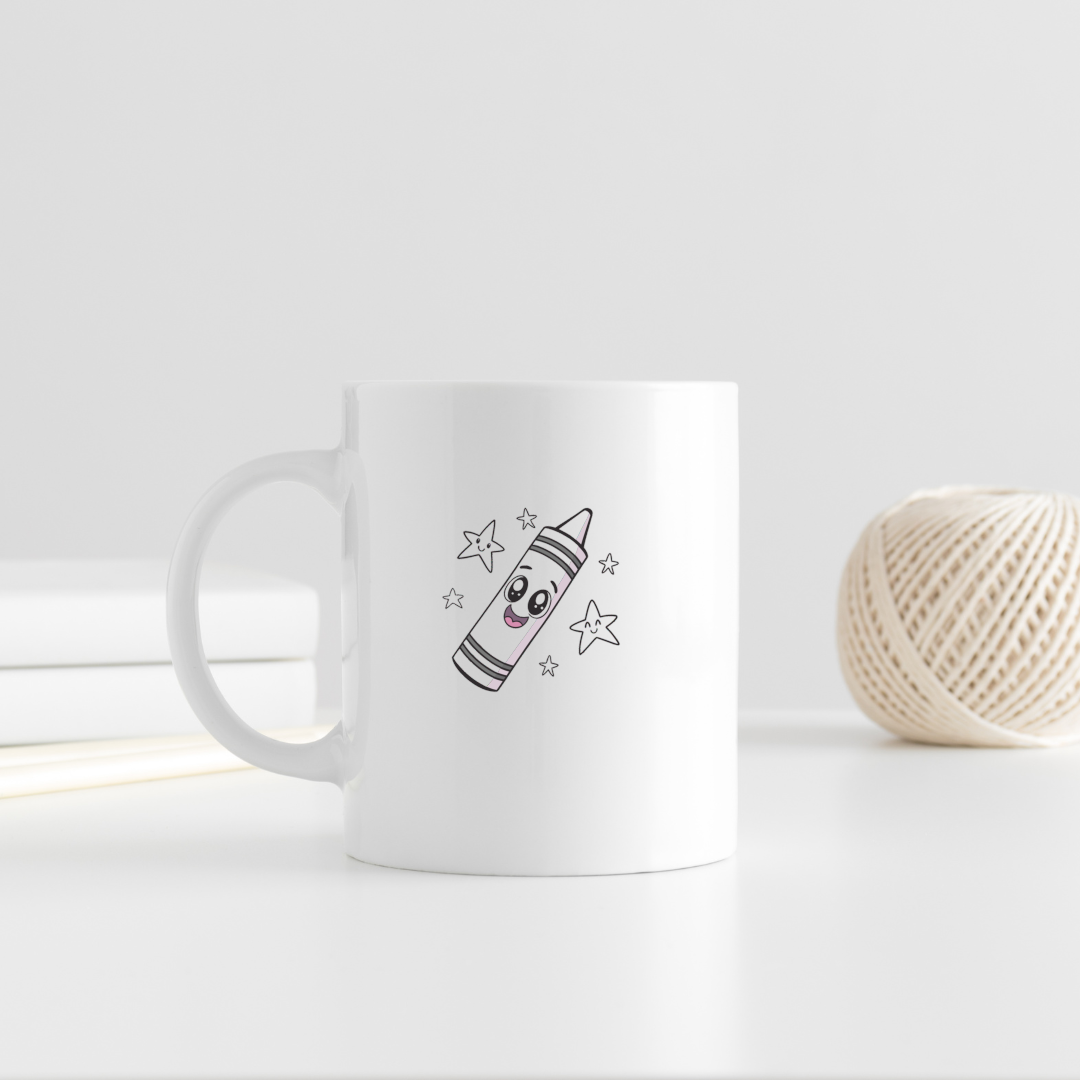 Mug avec crayon souriant entouré d'étoiles, style cartoon, esprit créatif