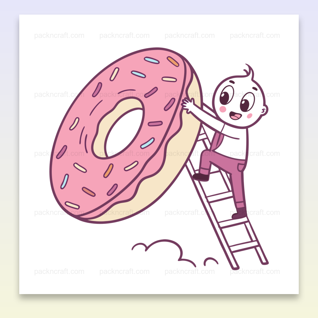 Illustration d'un enfant grimpant un donut géant, parfait pour des projets sucrés et éducatifs