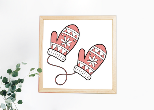 Cadre décoratif avec moufles pastel, style hivernal moderne, ambiance chaleureuse