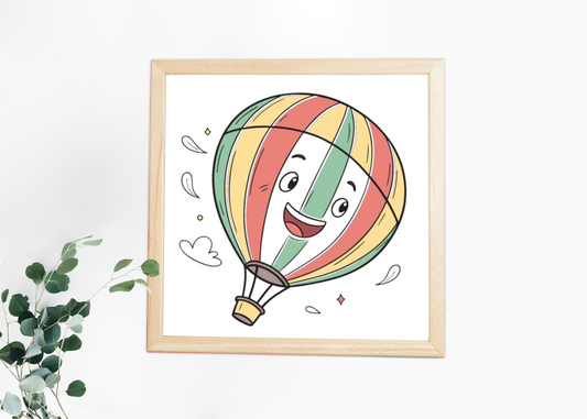 Cadre décoratif avec montgolfière joyeuse en style cartoon dynamique sur fond aérien