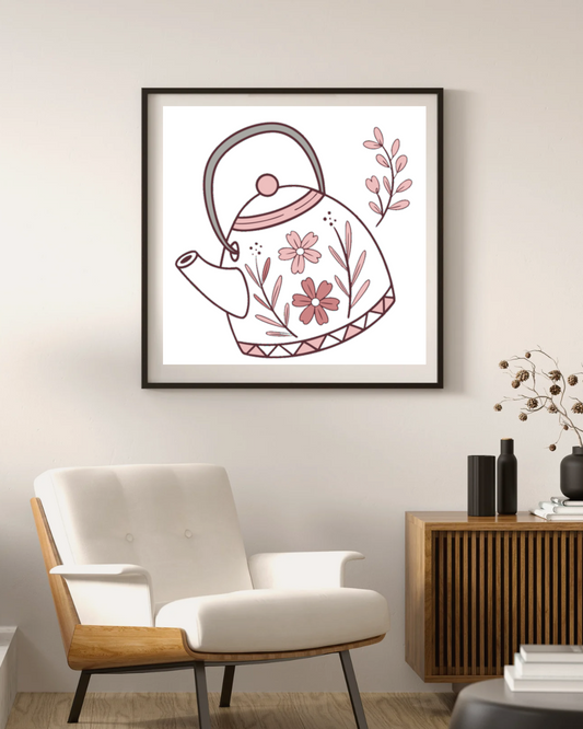Cadre élégant avec théière fleurie minimaliste pour une déco cosy et raffinée