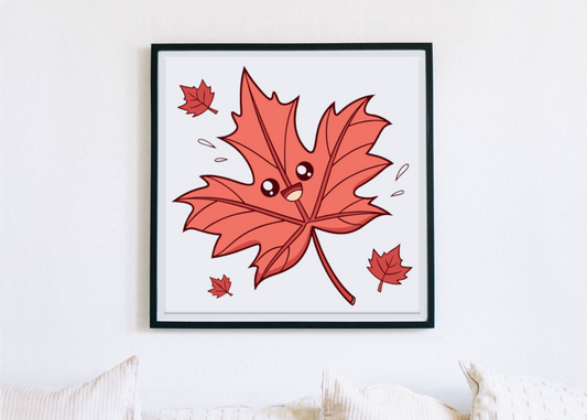 Cadre automnal avec feuille joyeuse dansant style kawaii dégageant un esprit jovial