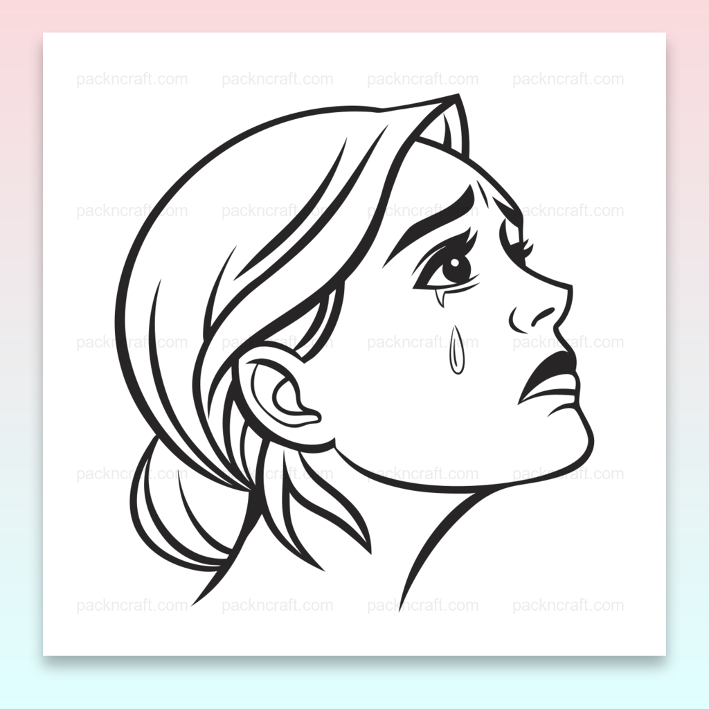 Illustration de femme en larmes dessinée avec des lignes claires, idéale pour projets créatifs.