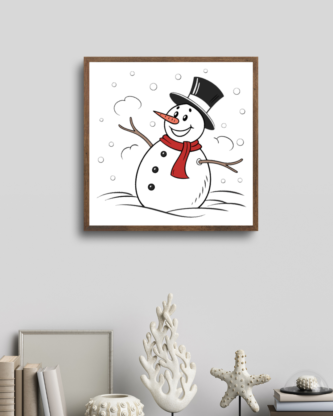 Cadre décoratif avec un bonhomme de neige minimaliste sur fond enneigé