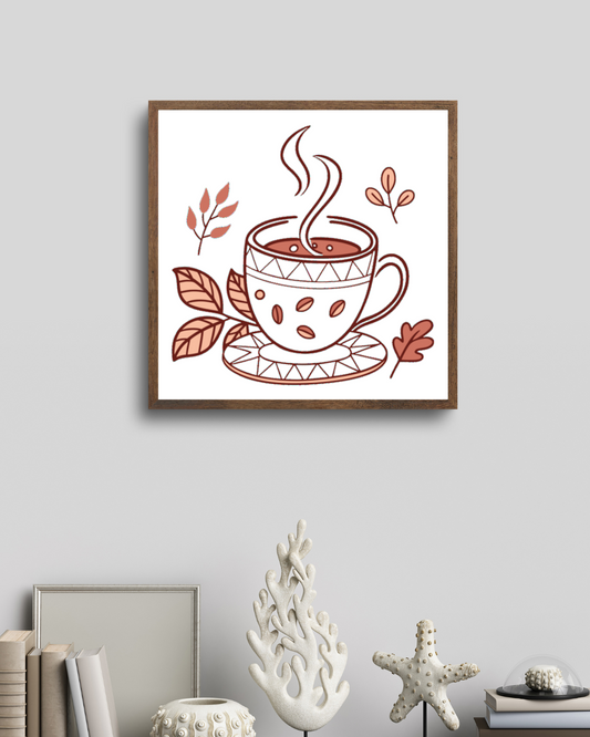 Cadre affichant une icône de café graphique style ligne art pour ambiance détente