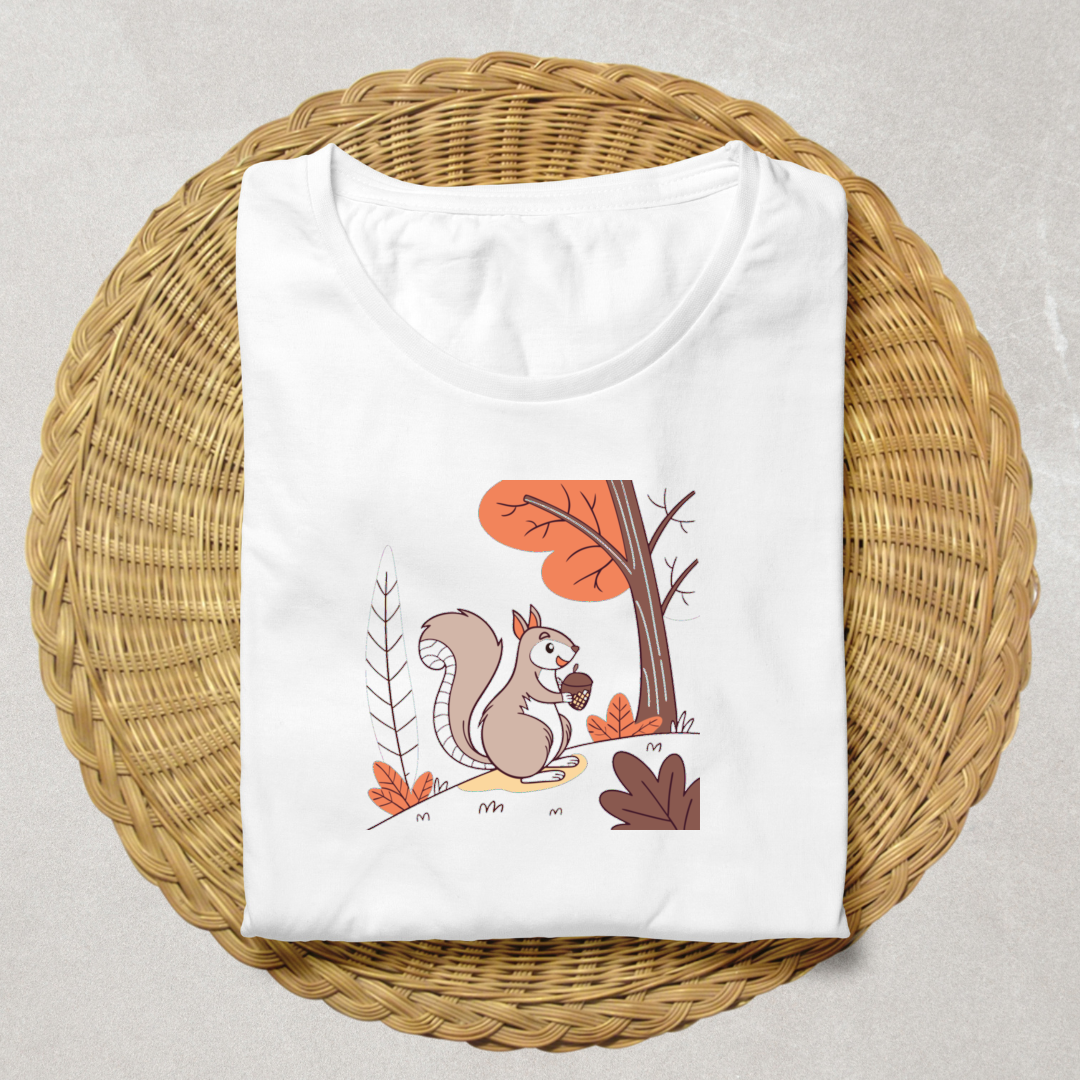 T-shirt animé automne avec écureuil joyeux et gland dans un style coloré attrayant