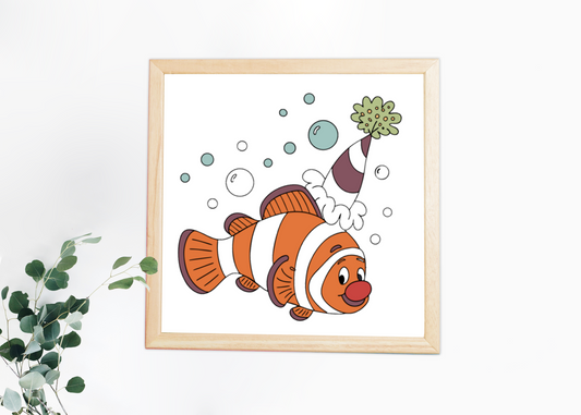 Cadre avec poisson clown festif cartoon dans un thème marin coloré
