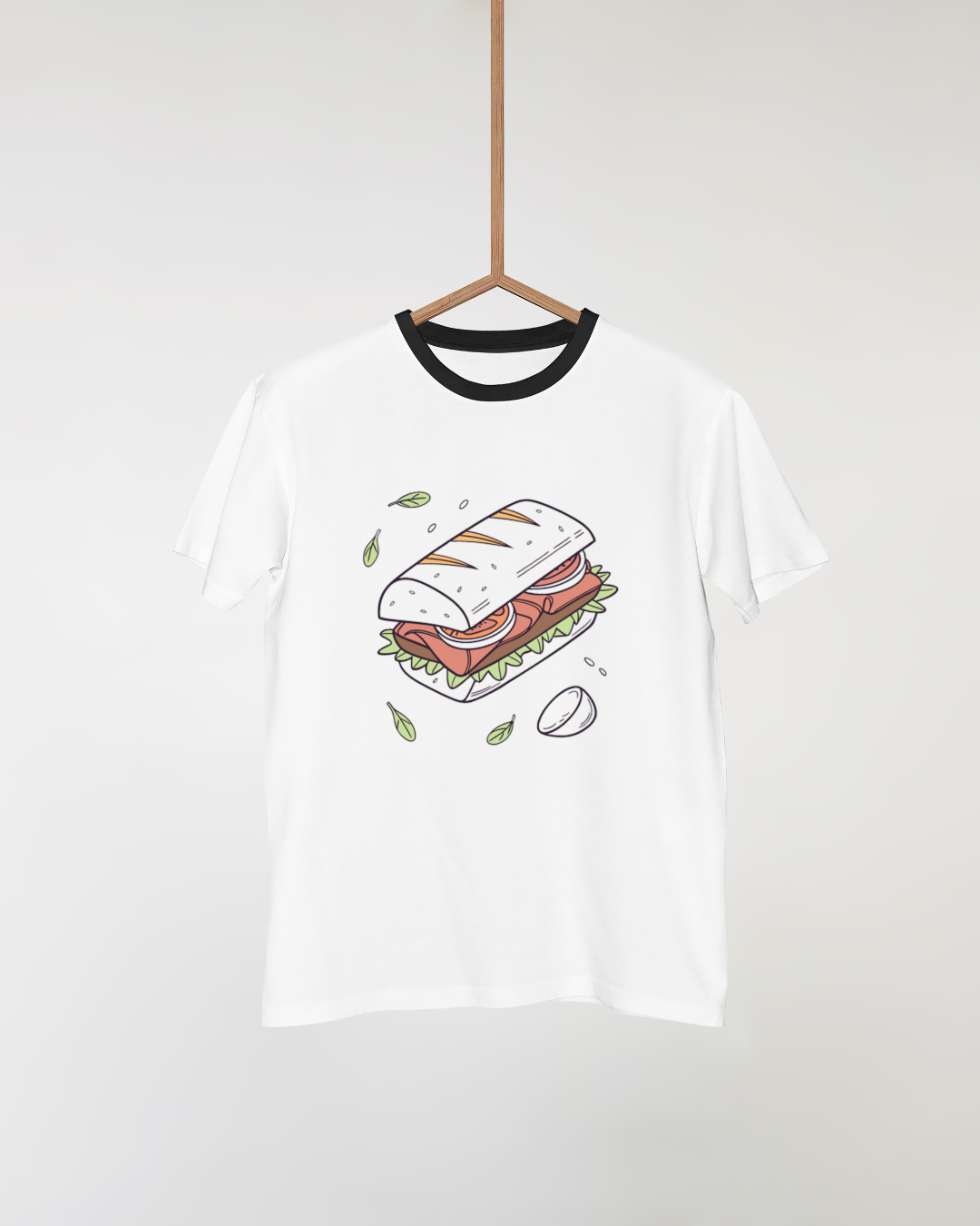 T-shirt avec motif doodle d'un sandwich flottant, idéal pour cuisine créative
