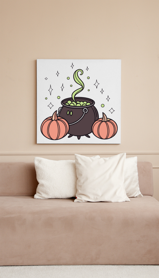 Cadre décoratif avec chaudron magique fumant pour ambiance Halloween