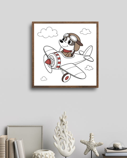 Cadre avec chien aviateur joyeux, style cartoon, parfait pour une déco aventureuse