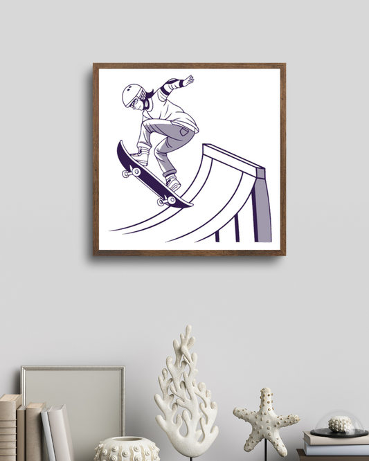 Cadre moderne avec skateur stylisé en plein saut pour une aventure urbaine intérieure