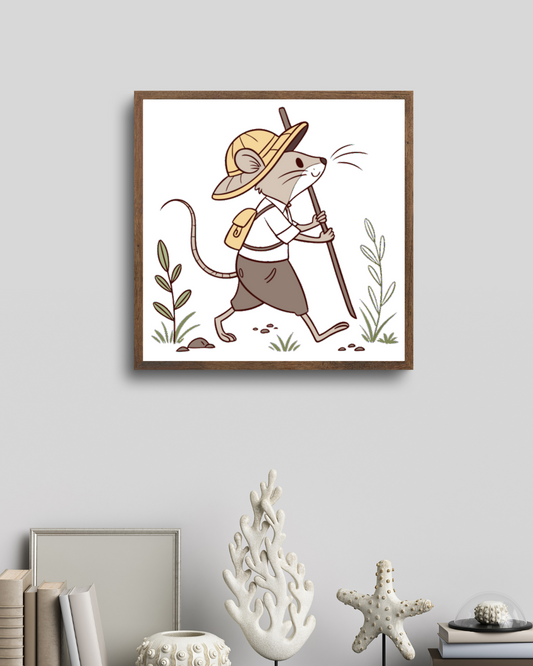 Cadre au design minimaliste avec souris exploratrice et thème aventure enchantée