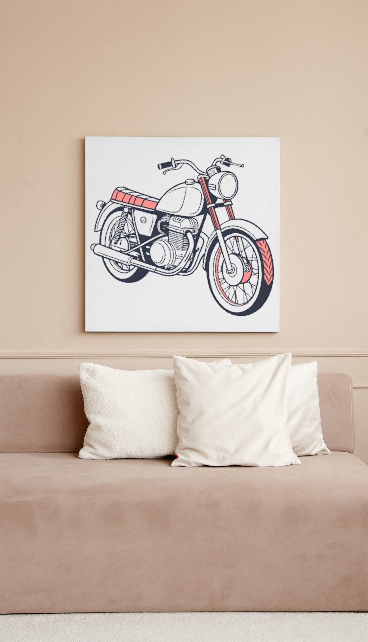 Cadre décoratif avec dessin stylisé de moto rétro sur fond de thème voyage