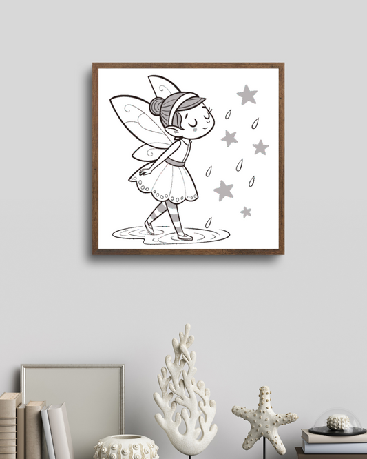 Cadre avec fée joyeuse entourée d'étoiles scintillantes ambiance féérique