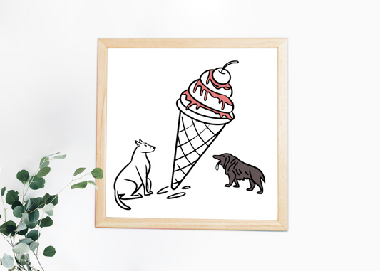 Cadre artistique pastel avec chiens gourmands admirant une glace géante