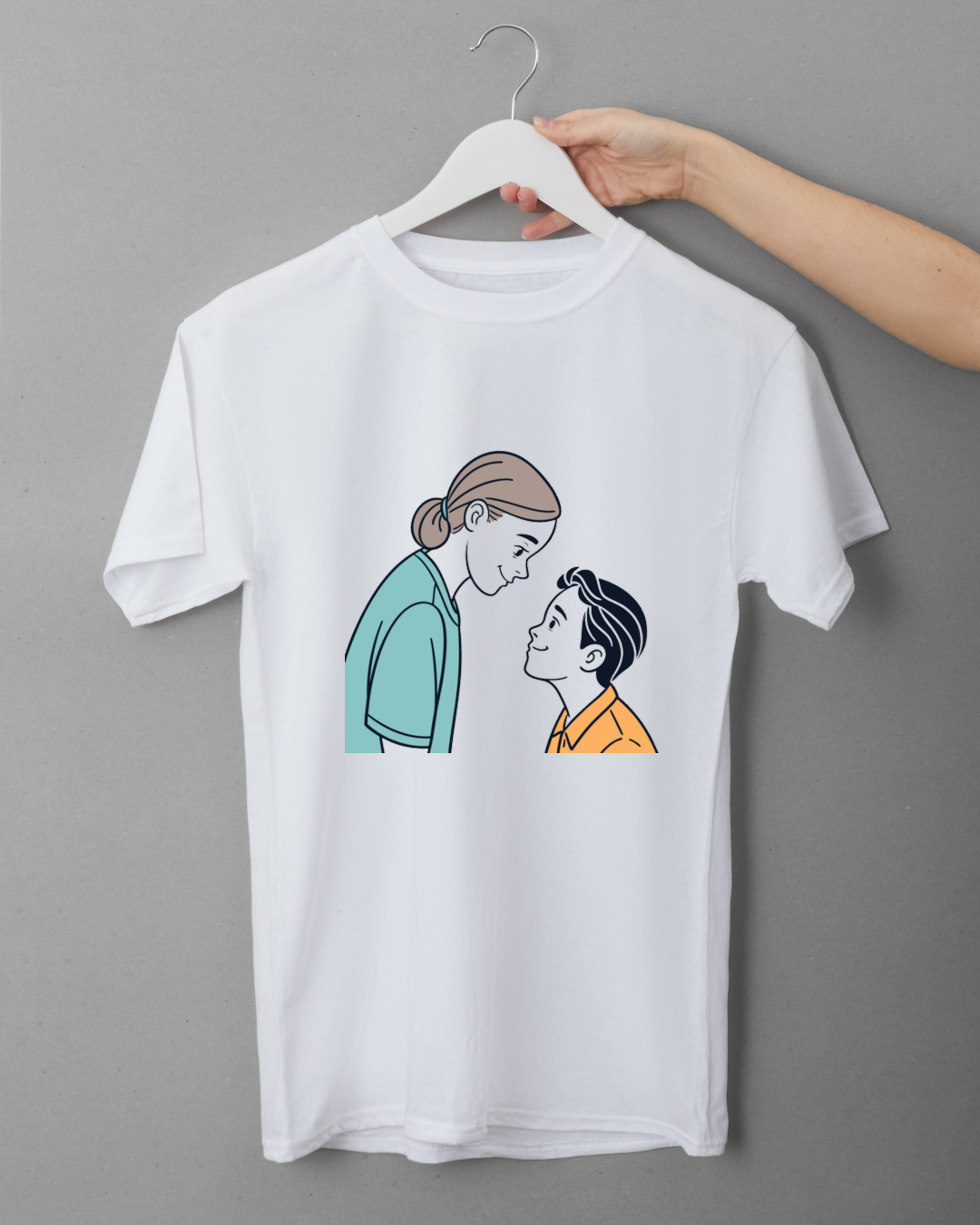 T-shirt moderne avec illustration mère et enfant en style plat affichant la confiance