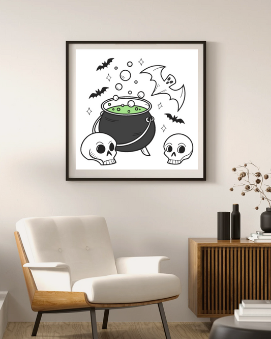 Cadre décoratif avec chaudron et chauve-souris en style noir et blanc Halloween