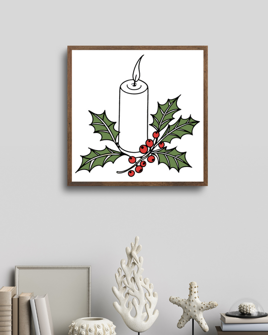 Cadre festif mettant en scène une bougie de Noël allumée dans une ambiance chaleureuse