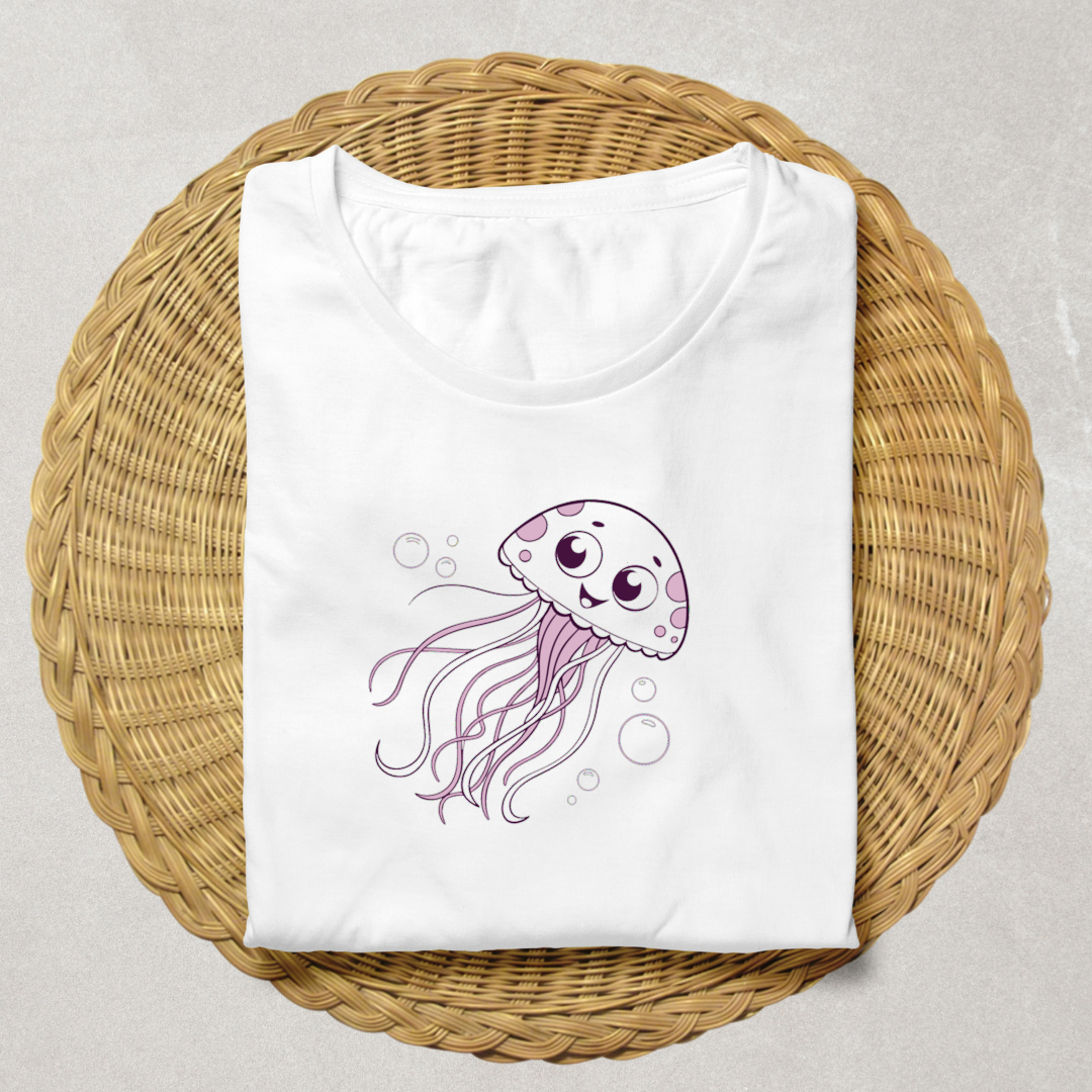 T-shirt avec méduse souriante en pastel évoquant le charme d'un monde marin