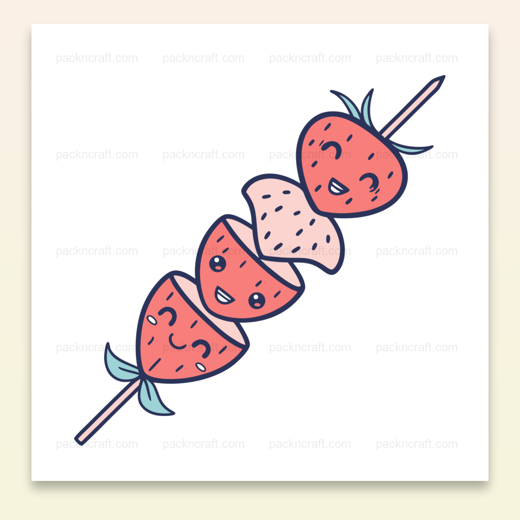 Illustration de fraises joyeuses en brochette, style kawaii pour papeterie et DIY
