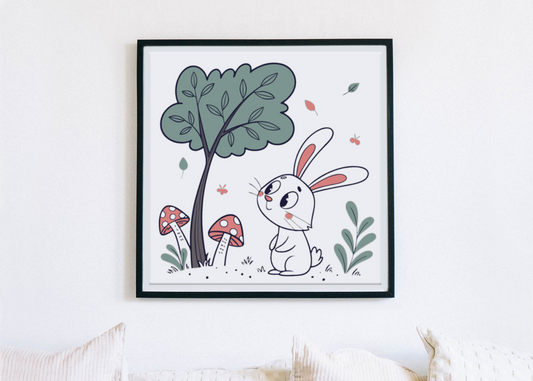 Cadre avec décor pastel d'un lapin curieux sous un arbre en ambiance forestière
