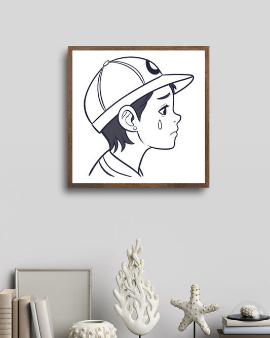 Cadre décoratif avec icône garçon triste en casquette style ligne émotive
