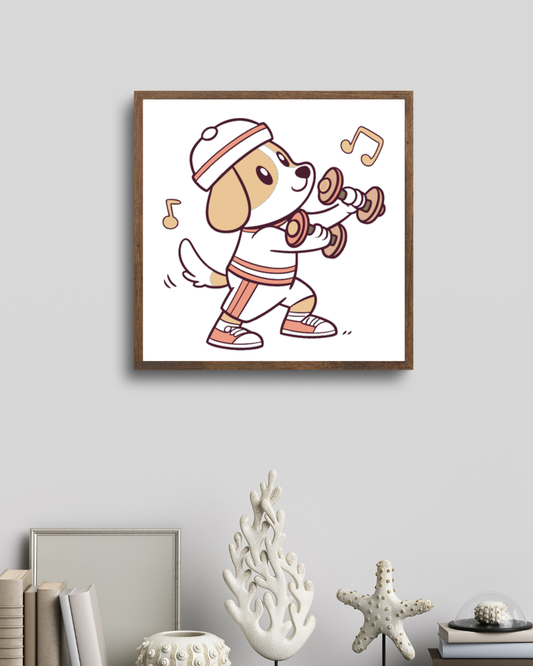 Cadre avec dessin de chien musclé en action pour un thème Fitness dynamique