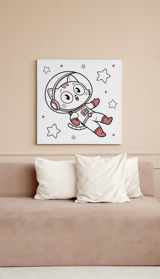 Cadre amusant avec chat kawaii en astronaute dans une aventure spatiale colorée