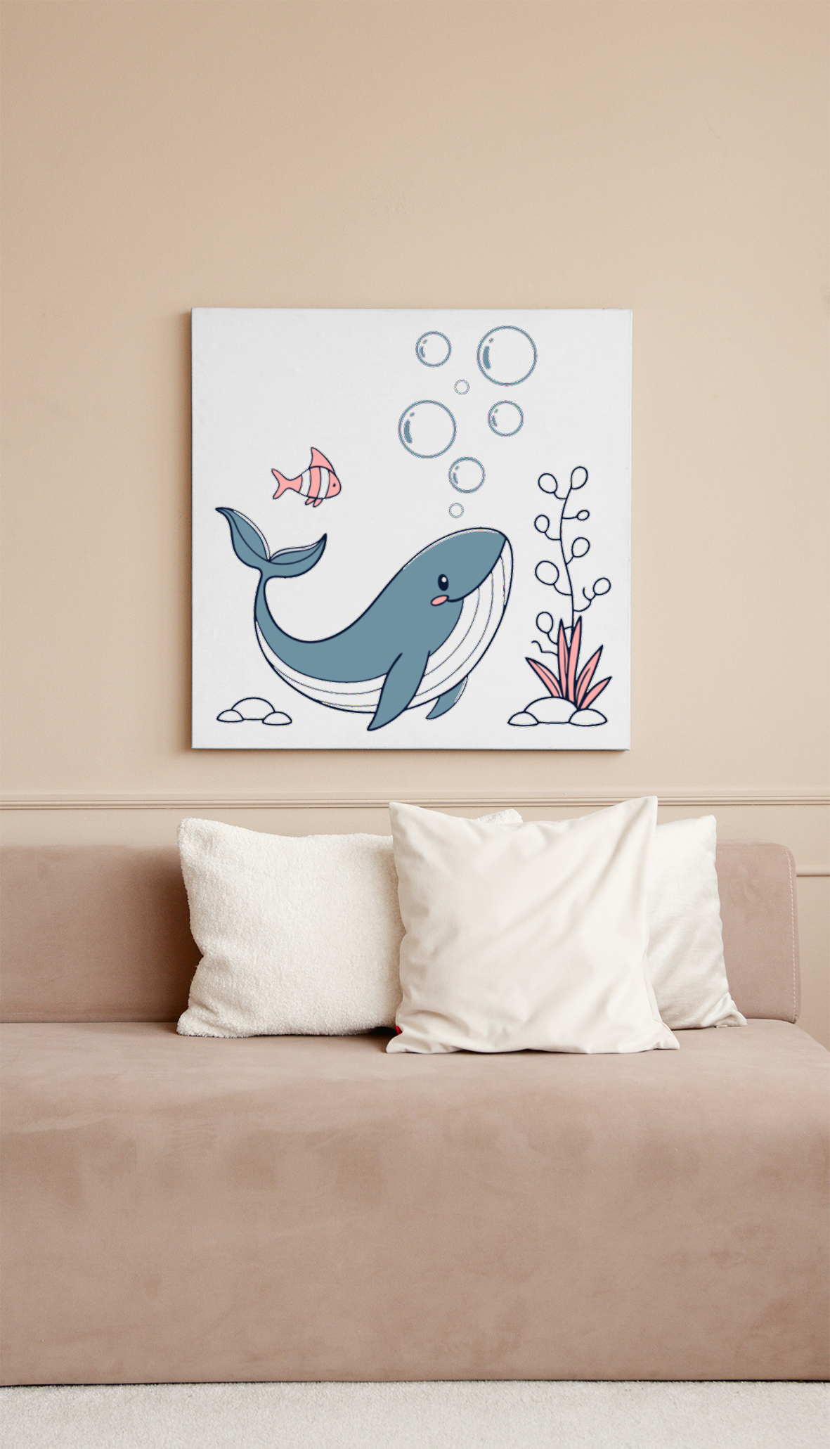 Cadre décoratif marin avec baleine joyeuse, style vectoriel et ambiance apaisante