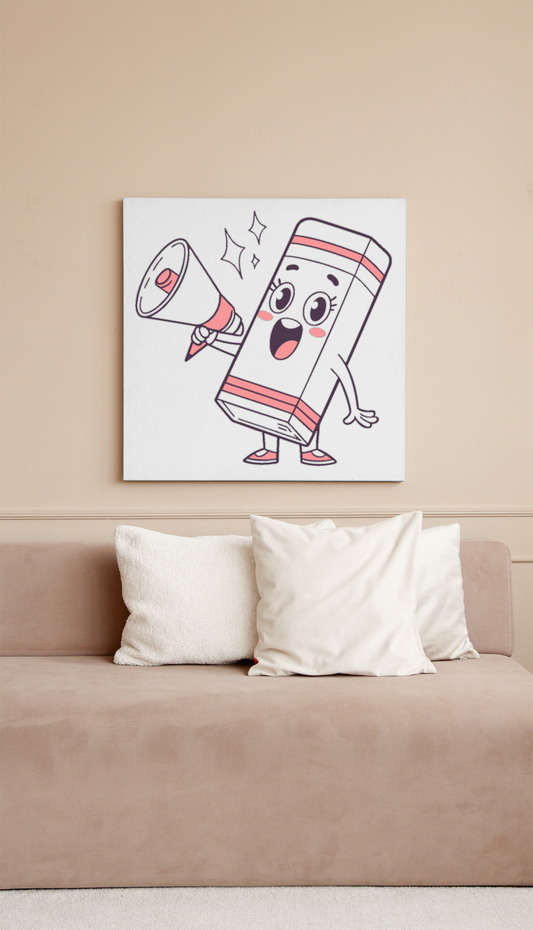 Cadre amusant avec icône fantaisie d'une gomme joyeuse au mégaphone