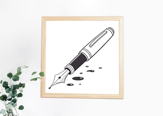 Cadre décoré avec icône minimaliste de stylo plume encre étalée et design épuré