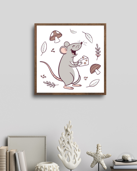 Cadre avec doodle souris joyeuse et fromage dans un style forestier