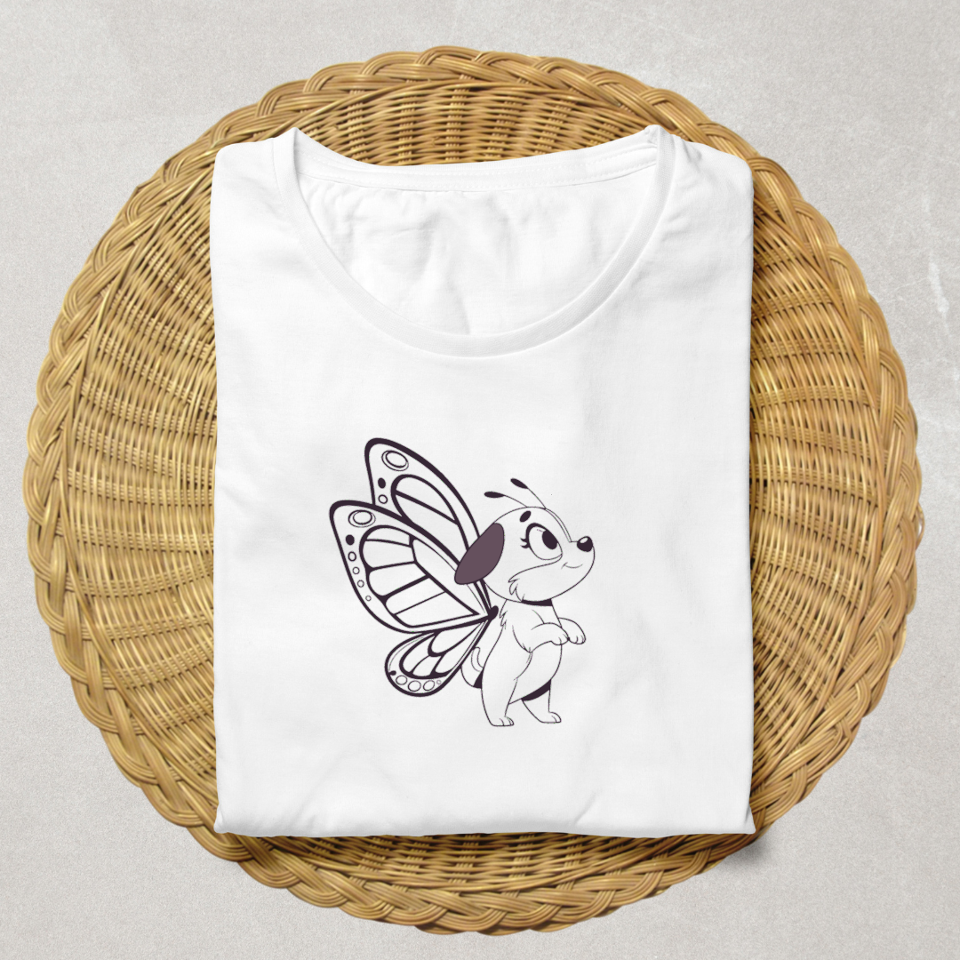 T-shirt avec chiot aux ailes de papillon dans un style vectoriel ludique