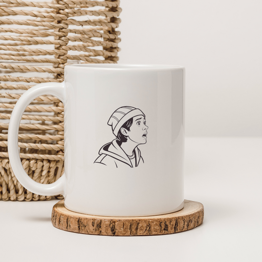Mug art contemporain avec illustration d'un jeune garçon surpris en design intense