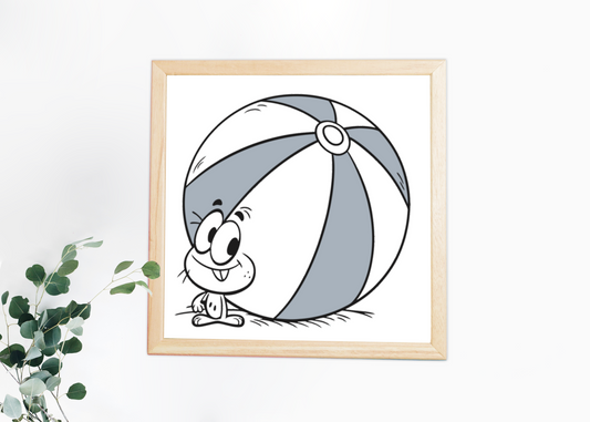 Cadre décoré d'un personnage kawaii joyeux tenant un ballon dans un style enfantin