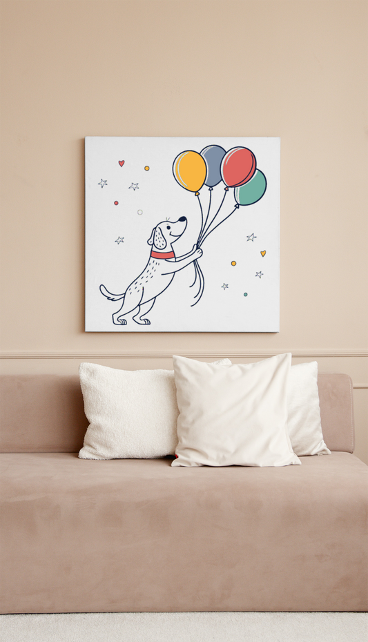 Cadre décoratif montrant un chien joyeux tenant des ballons dans un style animé vectoriel
