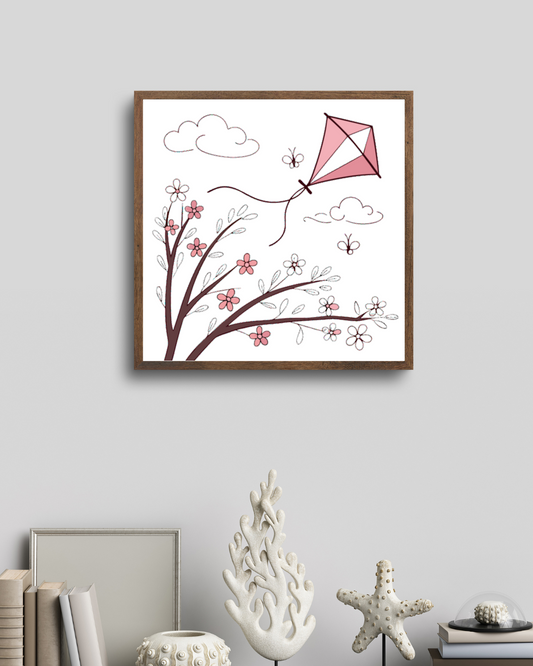 Cadre avec cerf-volant printanier pastel sur fond fleuri, parfait pour le printemps