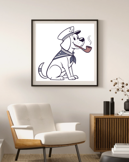 Cadre accueillant motif marin avec un chien joyeux stylisé en tons bleus et blancs