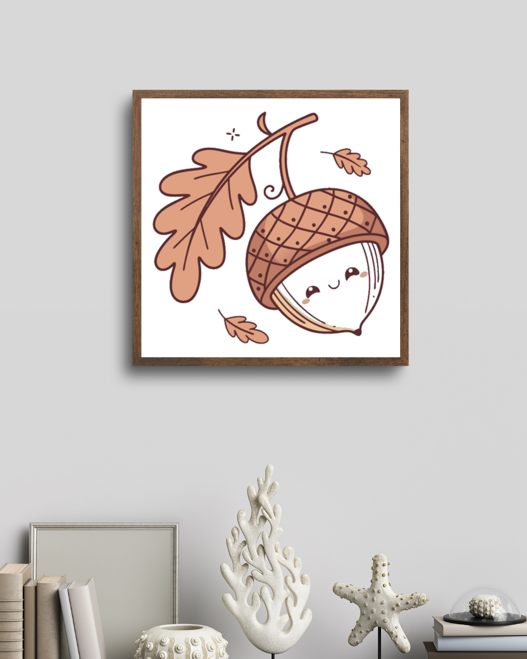 Cadre avec icône doodle automnal de gland souriant affiché en décor mural