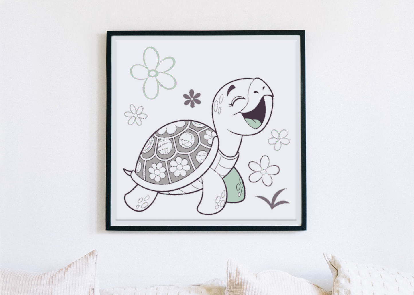 Cadre avec tortue joyeuse dans un jardin printanier style dessin digital