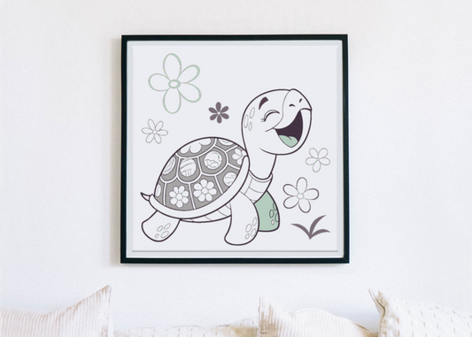 Cadre avec tortue joyeuse dans un jardin printanier style dessin digital