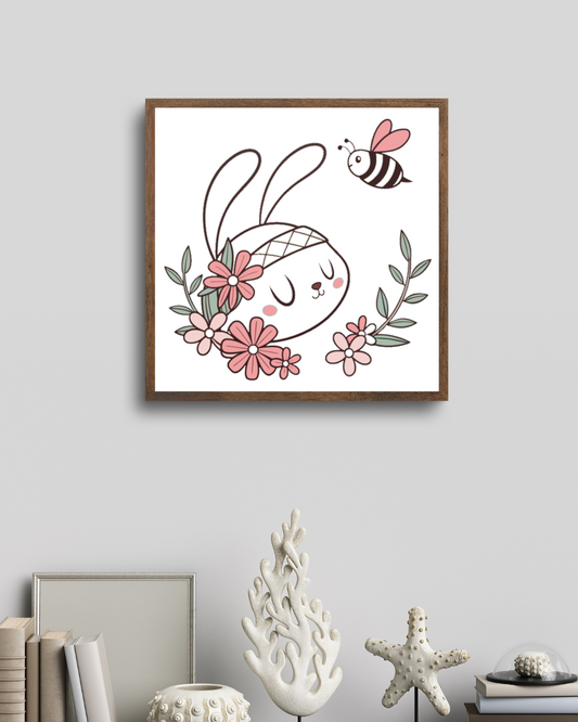 Cadre décoratif avec lapin méditatif kawaii entouré de fleurs, ambiance douceur nature
