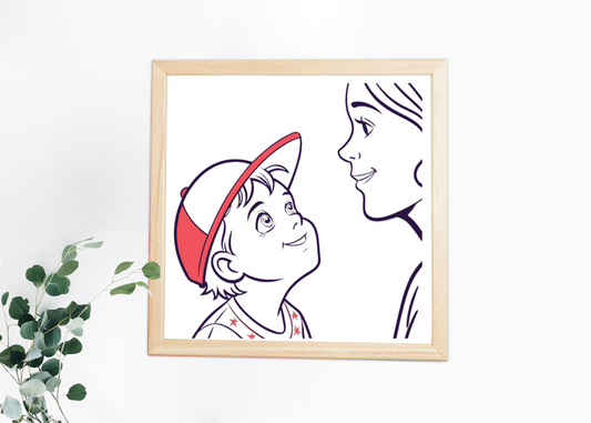 Cadre avec dessin enfant et maman en ligne claire transmettant une émotion tendre