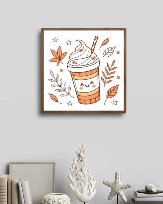 Cadre cosy avec motif gobelet sourire en tons pastel évoquant l'automne