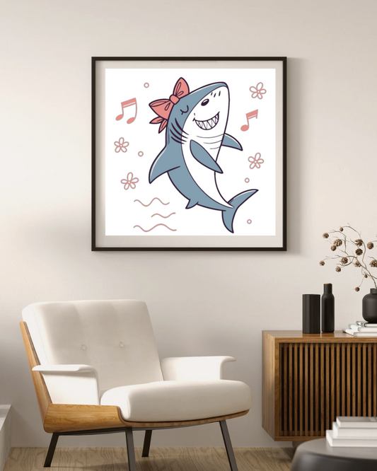 Cadre affichant un requin joyeux dansant dans un univers marin coloré et créatif