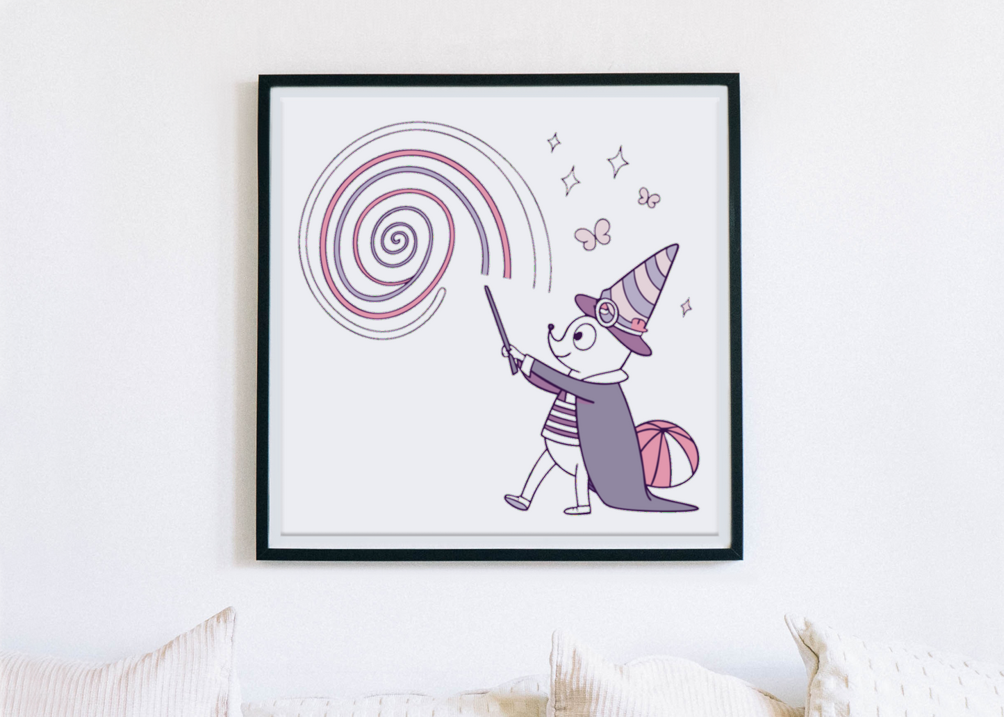 Cadre avec écureuil magicien pastel créant des spirales de magie fantaisie