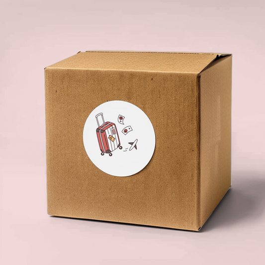 Sticker avec une valise vibrante rouge sur fond blanc thème voyage dynamique