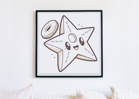 Cadre festif avec une étoile joyeuse et donut, style kawaii et ambiance festive